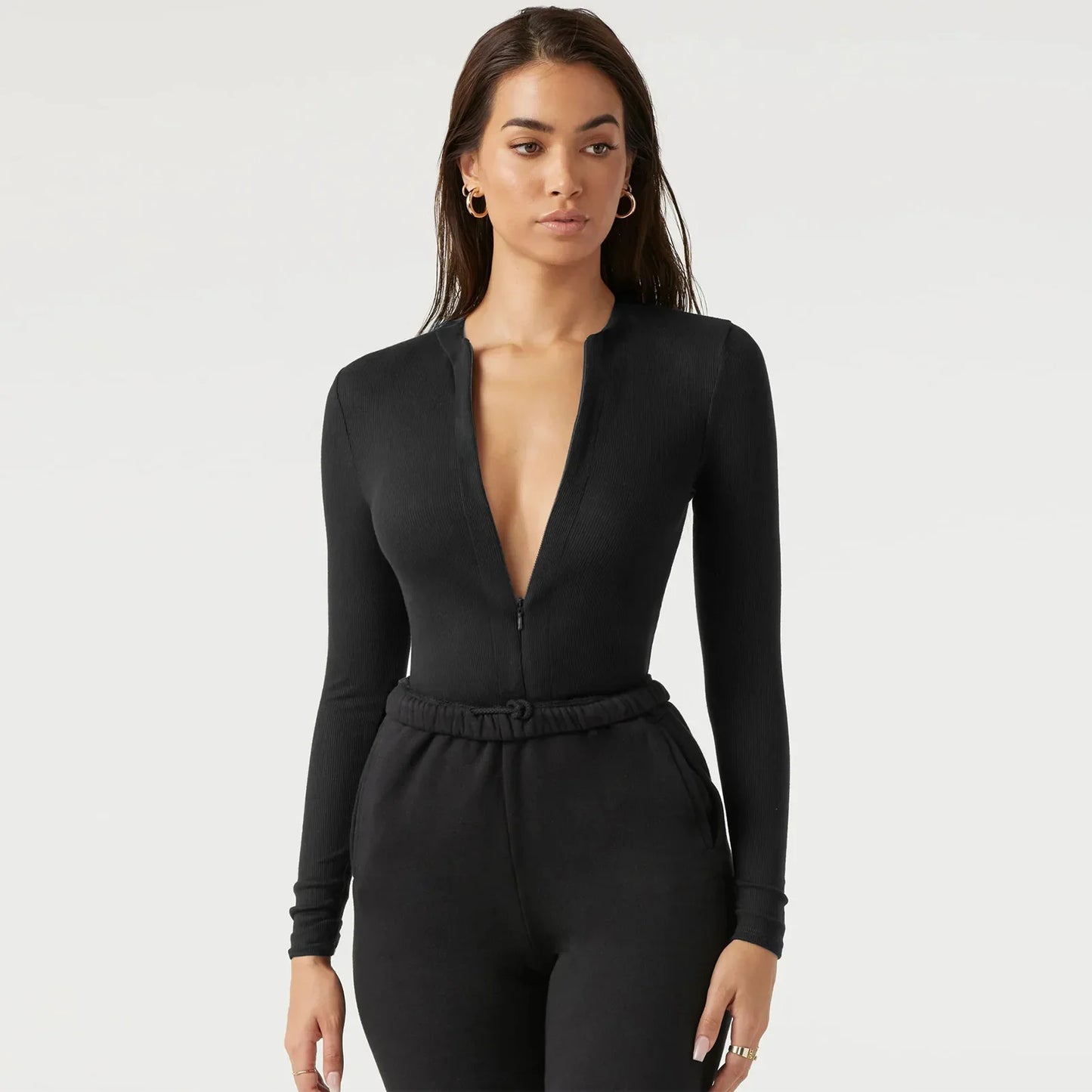 New Women's Jumpsuits Ribbed Long Sleeve Bodysuit Front Zip V Neck Bodycon Tops Stretchy Slim Fit Casual Streetwear for Daily