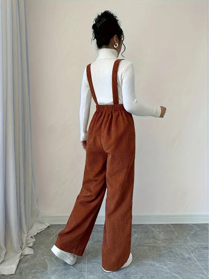 Women Casual Jumpsuit Corduroy Wide Shoulder Straps Button Detail Solid Color Relaxed Fit Autumn Winter Hand Wash Only
