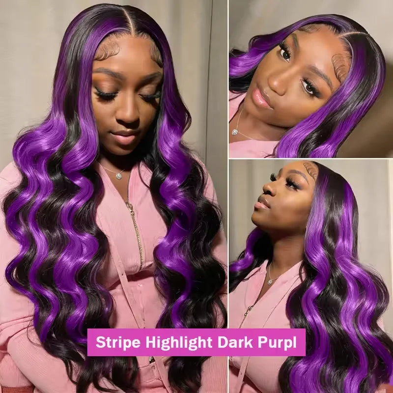 220% Density Ombre Purple Highlight Body Wave 13x6 HD Lace Front Wig Human Hair Waves Dark Purple 13x4 Lace Frontal Wigs For Women