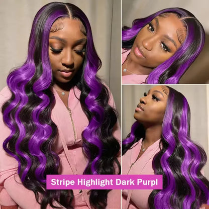 220% Density Ombre Purple Highlight Body Wave 13x6 HD Lace Front Wig Human Hair Waves Dark Purple 13x4 Lace Frontal Wigs For Women