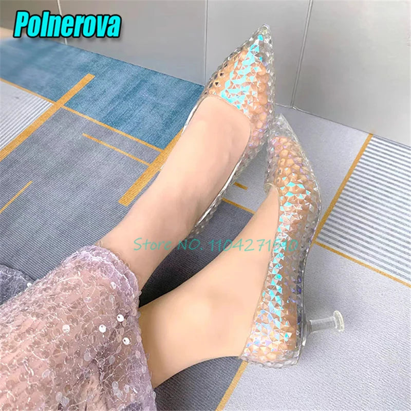 Transparent Crystal High Heels Wedding Bridal Shoes Luxury Pointed Toe Round Heel Women Pumps Elegant Fairy Banquet Party Shoes