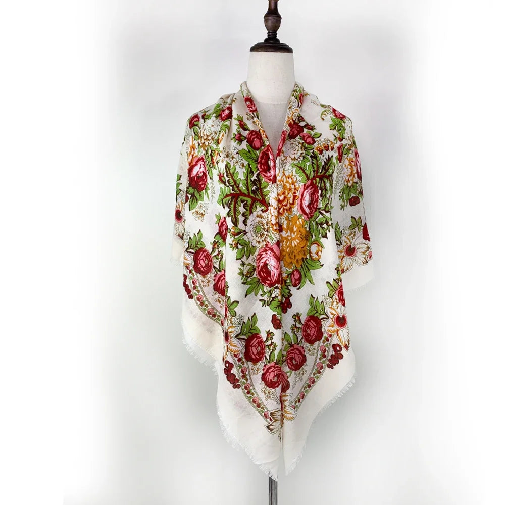 130*130cm Breathable Thin Russian Square Scarf Women Luxury Floral Print Ukrainian Shawl Babushka Handkerchief Head Wraps