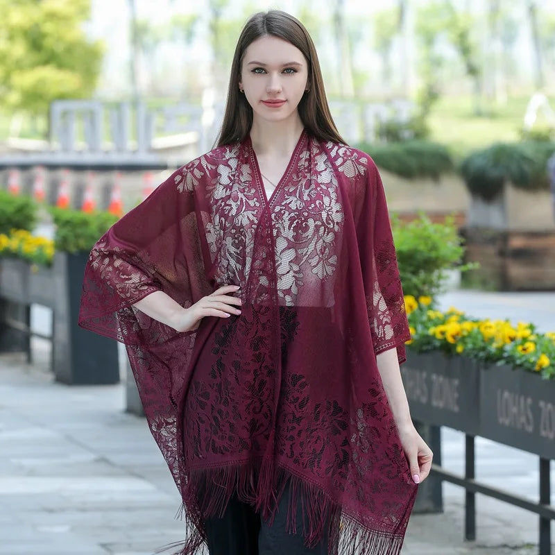 Women Sun Protection Shawl Lady Summer Hollow Out Lace Cardigan Holiday Bikini Blouse Breathable Beach Cape Sexy Long Tippet