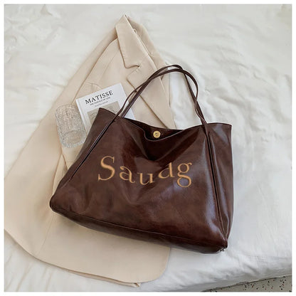 Personalized Name Embroidery Women's Large Tote Bag Brown Faux Leather Shoulder Handbag Vintage Soft Casual Bag for Work Travel