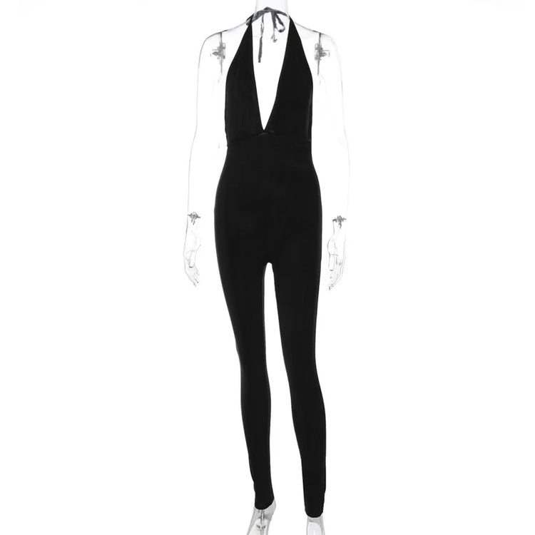 DGLUKE Halter Neck Backless Sexy Bodysuit Jumpsuits For Women Deep V-Neck Push Up Sports Jumpsuit Overalls Tight Summer Playsuit