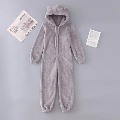 Sexy Cute Plush Autumn Winter Long Sleeve Hooded Romper Back Butt Bum Open Ass Flap Plush Jumpsuit Women Thick Sleepwear