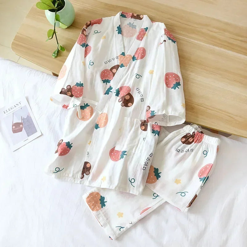 2026 new seven-sleeve Japanese-style kimono pajamas set female spring and autumn 100% cotton gauze home clothes cute sweet two-p