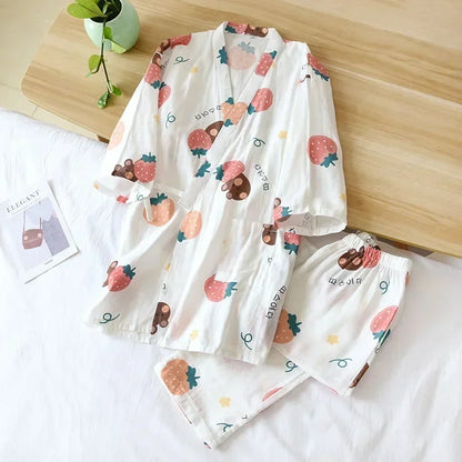 2026 new seven-sleeve Japanese-style kimono pajamas set female spring and autumn 100% cotton gauze home clothes cute sweet two-p