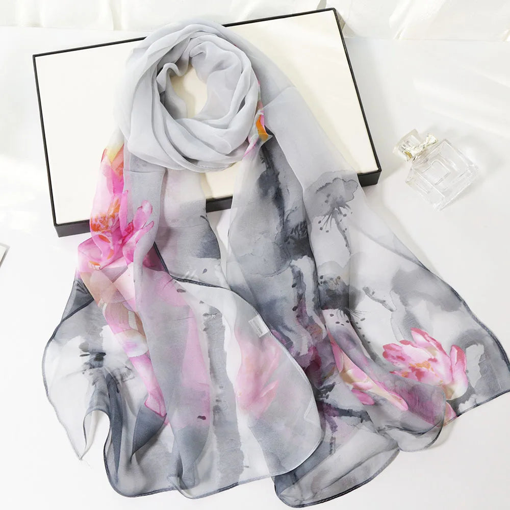Ink Painting Lotus Summer Beach Sun Protection Chiffon Georgette Scarf Women Foulard Shawl Bandana Elegant Thin Breathable