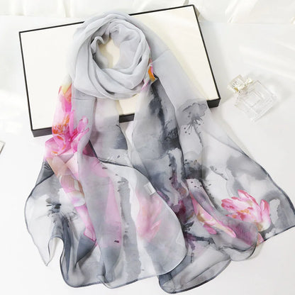Ink Painting Lotus Summer Beach Sun Protection Chiffon Georgette Scarf Women Foulard Shawl Bandana Elegant Thin Breathable