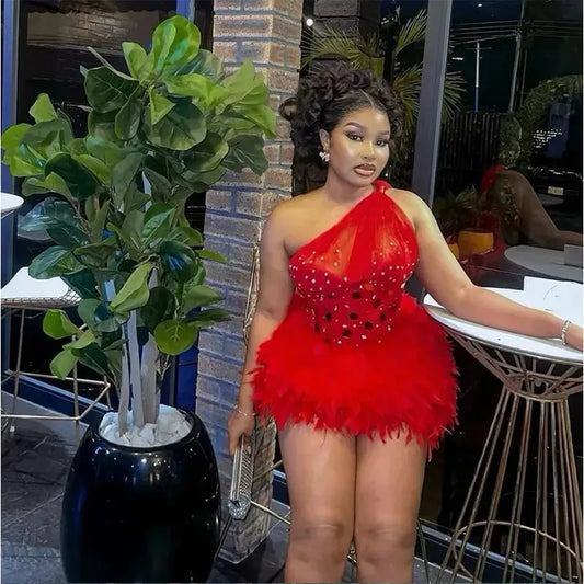 Sexy Red Birthday Dress Mini Luxury Feather Hem One Shoulder Rhinestone Corset Cocktail Party Gowns Night Clubwear Customized