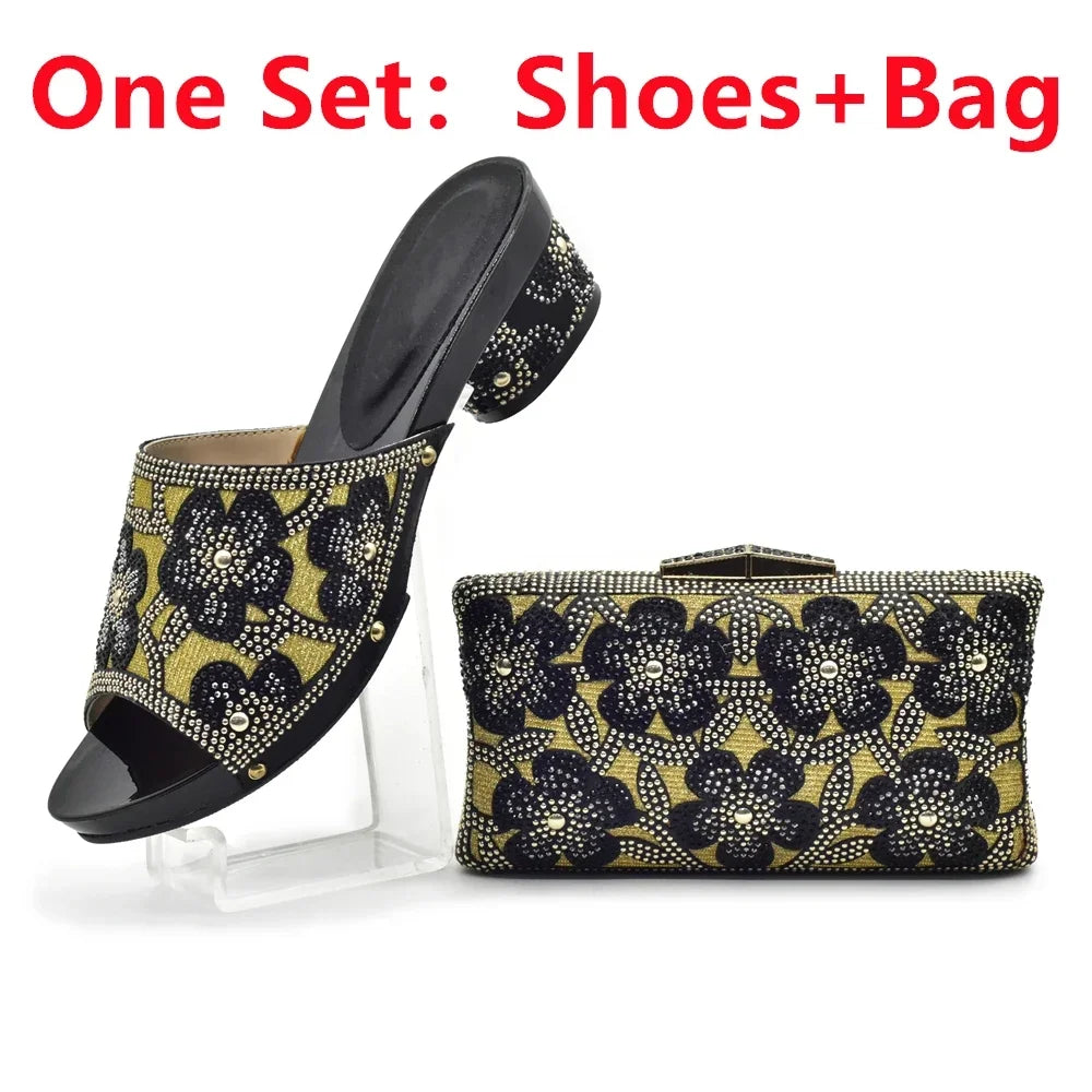 New Arrival Green Color Nigerian Shoes and Matching Bags Set Italian Ladies Shoes and Bags To Match Set Decorated with Rhinstone