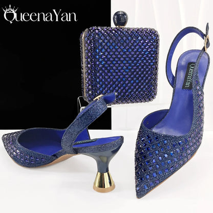Queena Yan 2026 Italian Design Rhinestone Luxury Navy Blue Pointed Toe Shoe & Bag Set Women High Heels for Parties High Quality