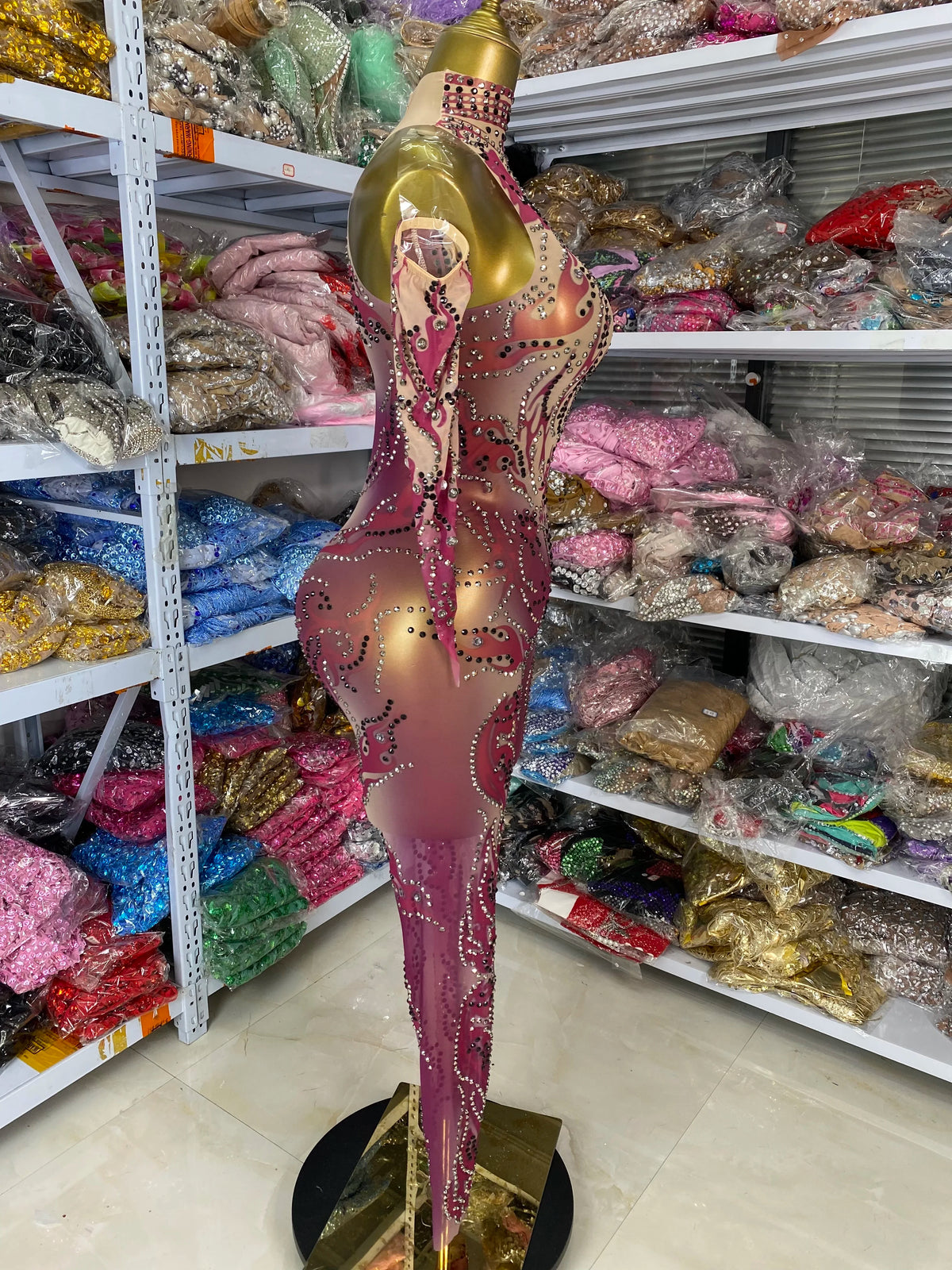 Sparkly Rhinestones Printed Mesh Bodycon Green Jumpsuits With Sleeves See Through Masquerade Costume Dress Night Club DJ Gogo