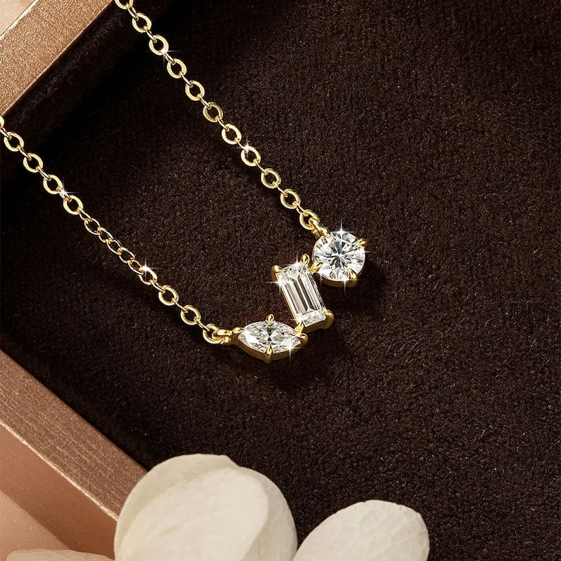 Rrjzz Three Stone D-Color Full Moissanite Pendant Necklace for Women Marquise Emerald Round Cut Necklace Birthday Jewelry Gifts