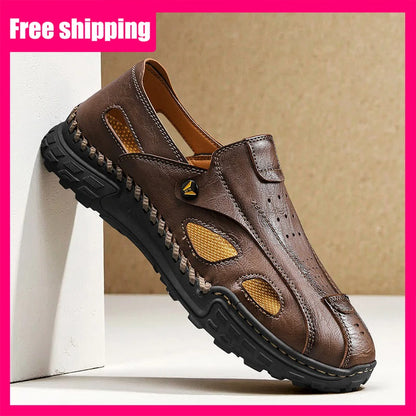 Men Sandals New Hollow Leather Casual Comfortable Trendy Beach Shoes Outdoor Walking Non Slip Bag Toe Walking Shoes for Men