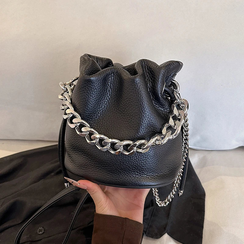 100% Genuine Leather Women Shoulder Crossbody Bags High Quality Solid Color Cow Leather Bucket Handbag Luxury Female Sac