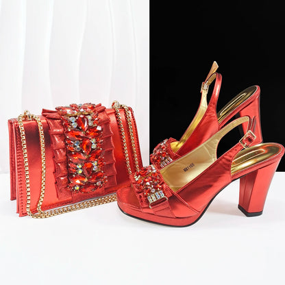 Purple Elegant Women Open Toe Heels Shoes and Bag Set Decoration Rhinestones Italians Women High Heels Shoes With Match Handbags