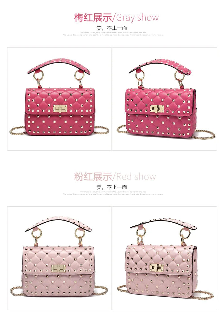 2026 New Fashion Women Sheepskin Leather Rivet Handbags Chain Bag Designer Shoulder Bags Luxury Woman Messenger Bags