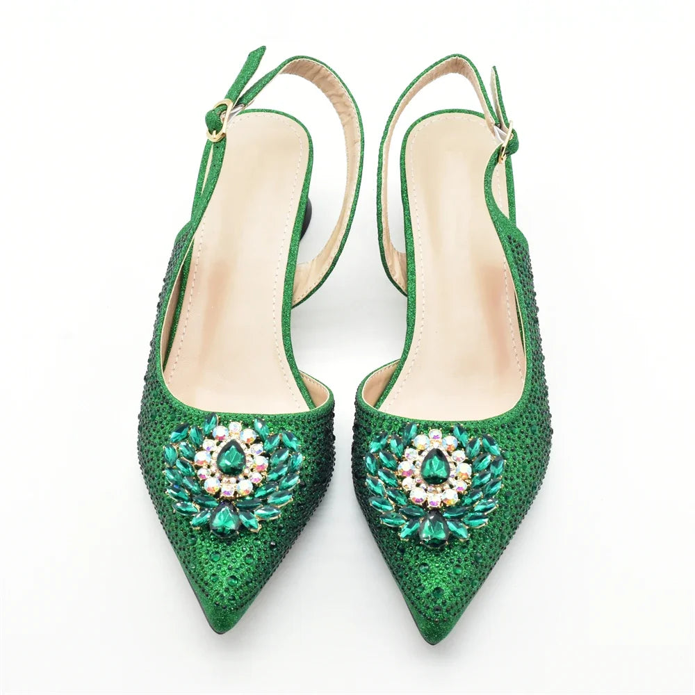 African Shoe and Bags Set for Wedding Nigerian Party Shoes and Bag Set Decorated with Rhinestone Elegant Heeled Pumps for Women