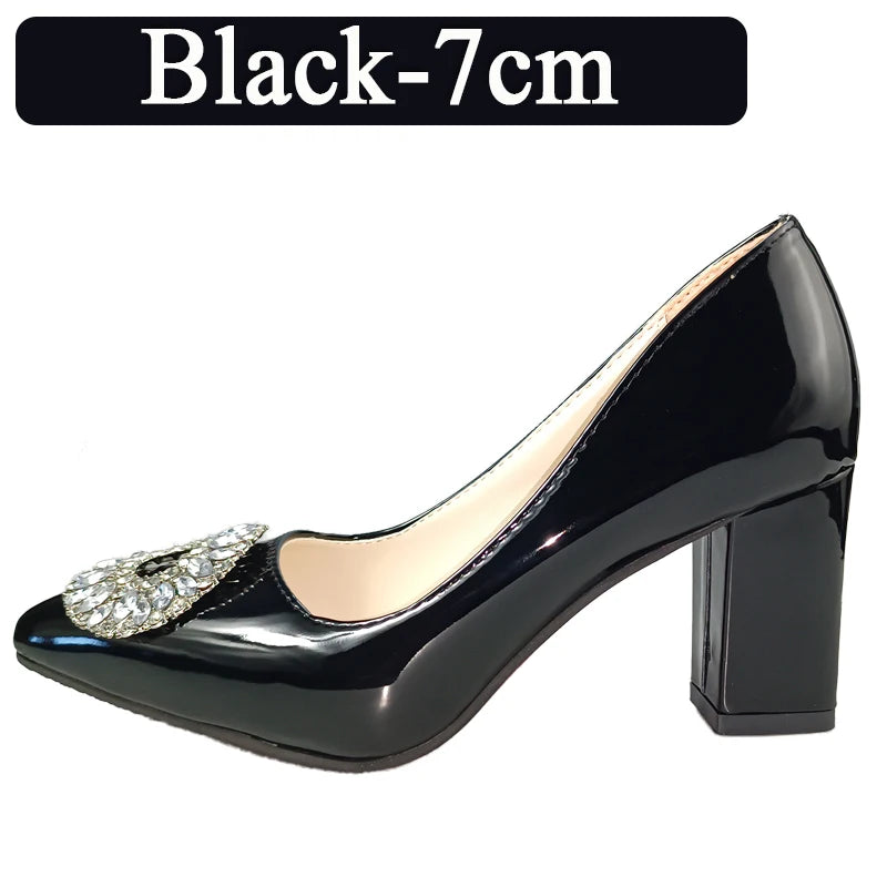 Aphixta Bing Big Crystals Round Buckle 7cm Chunky Heels Pumps Women Shoes Dark Green Fashion and Leisure Pointed Toe Pumps