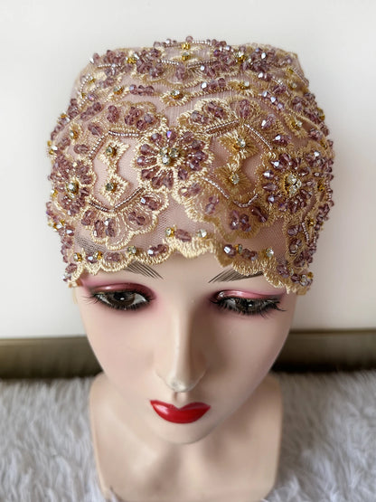 High Quality Lace handcrafted Beaded Turban Hat Female Head Wraps Caps Muslim Women Headscarf Bonnet Ready to Wear Inner Hijabs