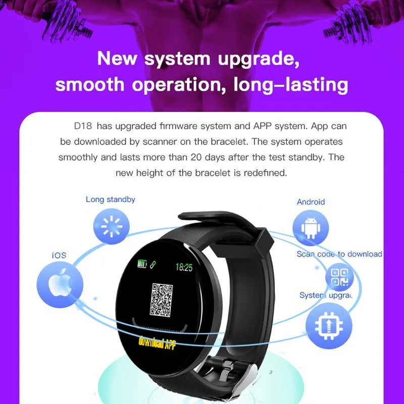 D18 Smart Watch Men Women Smartwatch Blood Pressure Waterproof Digital Watches Sports Fitness Tracker Watch for Apple Watch Band