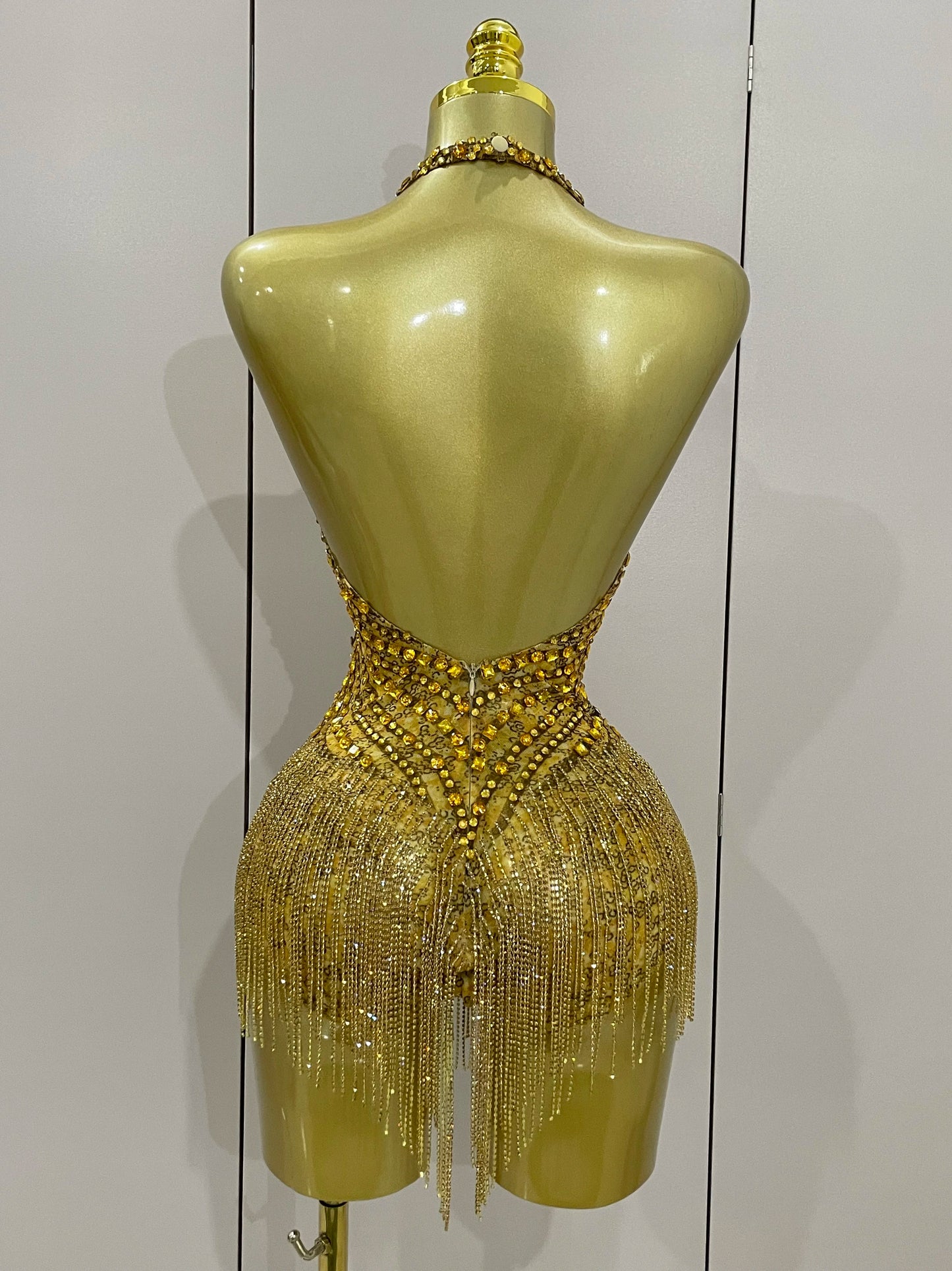 Luxury Golden Rhinestone Sexy Mesh Stretch Bodysuits Women Birthday Dancer Performance Stage Wear Nightclub Team Hotwife Outfit