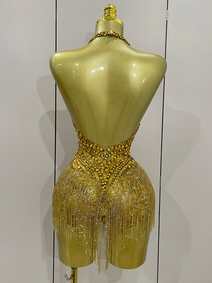 Luxury Golden Rhinestone Sexy Mesh Stretch Bodysuits Women Birthday Dancer Performance Stage Wear Nightclub Team Hotwife Outfit