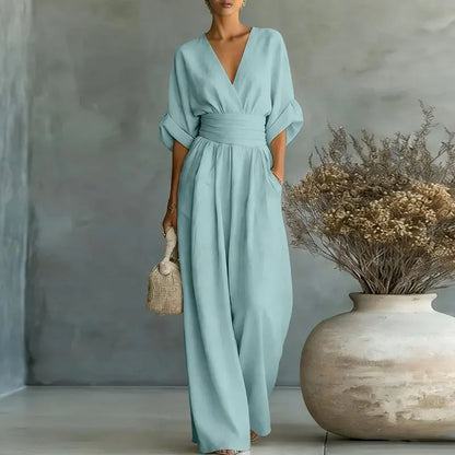 OL Style Solid High Waist Draped Jumpsuits Woman 2026 Spring V Neck Wide Leg Trousers Overalls Casual Half Sleeve Rompers Outfit