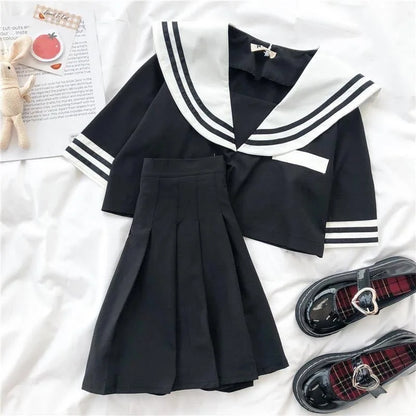 Japanese New Sailor Suit White and Navy Summer Women Student JK Uniform Suit College Style Girls Short Top Pleated Skirt Sets