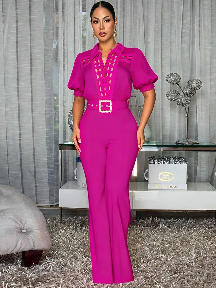 Doyerl Elegant Vintage Hollow Out Rompers Women Jumpsuit Party Club High Waist One Piece Wide Leg Overalls with Belt Combinaison
