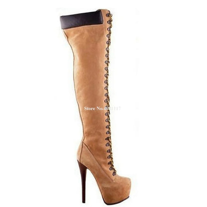Platform Over The Knee Heeled Boots Front Lace Splicing Round Toe Thin Heel Thigh High Boots Motorcycle Boots Women Brand Design