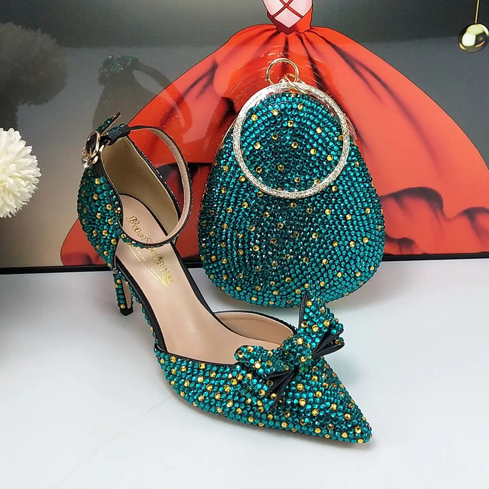 BaoYaFang 2024 New Arrival Teal Blue Strawberry Bridal Wedding Shoes and Bag Female Ladies Party Shoes Ankle Strap High Pumps