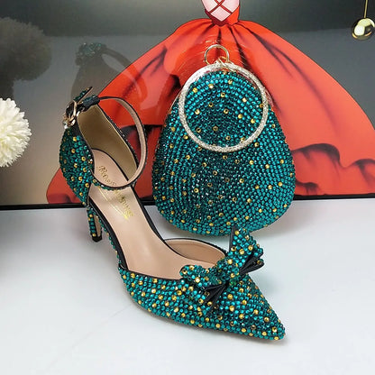 BaoYaFang 2024 New Arrival Teal Blue Strawberry Bridal Wedding Shoes and Bag Female Ladies Party Shoes Ankle Strap High Pumps