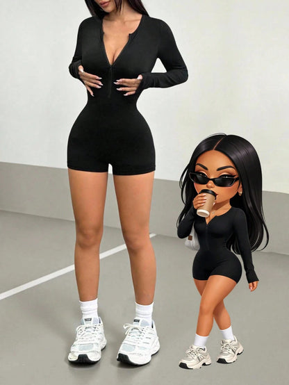 Spicy Style Black Zippered Jumpsuit Shorts - Stretchy Slim Fit + Long Sleeves, Skin-Friendly, Versatile and Timeless for Daily C