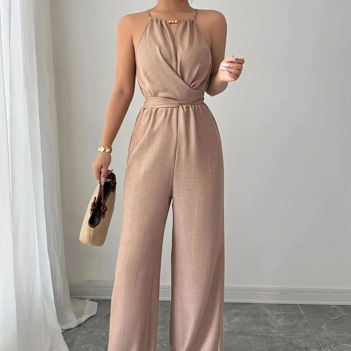 Women's Spring/Summer Casual Pleated Fabric Halterneck Beaded Waist Button and Tie Design Maxi Jumpsuit