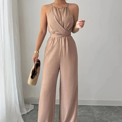 Women's Spring/Summer Casual Pleated Fabric Halterneck Beaded Waist Button and Tie Design Maxi Jumpsuit