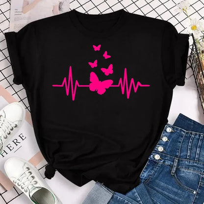 New Fashion Women T-shirt Colorful Butterfly Petal Print Short Sleeve and Round Neck Cute Graphic Tee Shirts Female Tops Clothin