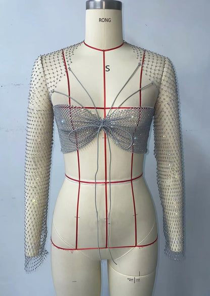 Glitter Rhinestone Long Sleeve T Shirt Sexy See Through Hollow Out Fishnet Mesh Backless Crop Tops Nightclub Party Tank Top