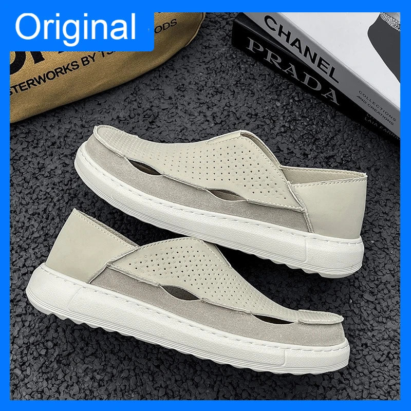Mens Sandals Summer Handmade Leather Daily Wear Fashionable Walking Shoes Breathable Odor Proof Casual Loafers Plus Size Male