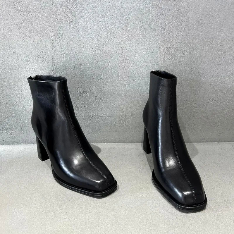 Concise Female Genuine Leather Square Toe Chunky Heel Ankle Boots Versatile Solid Color Cowhide Zipper Hard Wearing Footwear