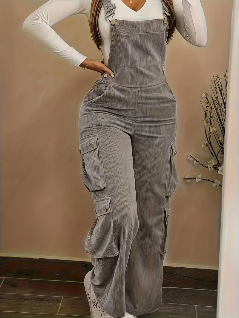 Y2K Casual Solid Strappy Bodysuit Sexy High Waist Ribbed Corduroy Overalls Spring Summer Cargo Pocket Wide Leg Women's Jumpsuits