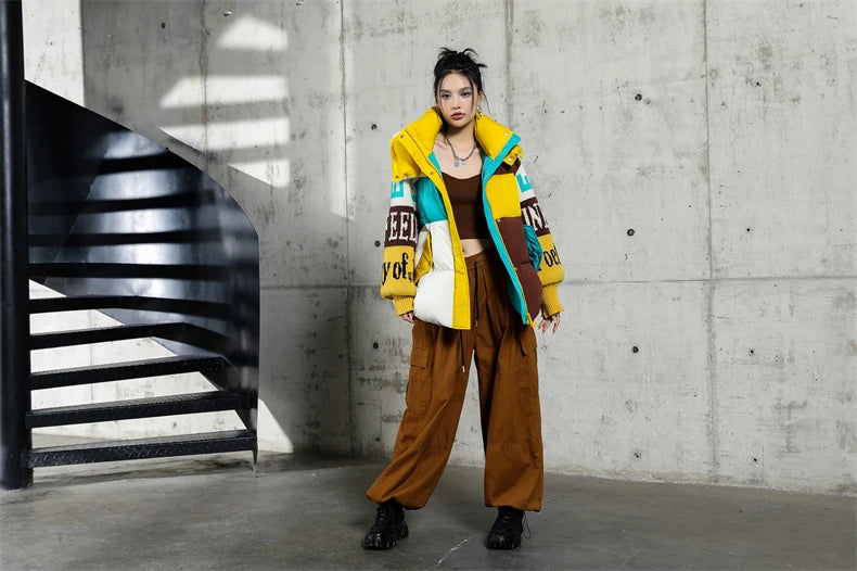 Streetwear Letter Stitching Fashion Down Jacket Women's New Hooded Parka Loose Winter Down Coat Female Thick Casual Warm Clothes