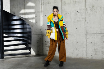 Streetwear Letter Stitching Fashion Down Jacket Women's New Hooded Parka Loose Winter Down Coat Female Thick Casual Warm Clothes
