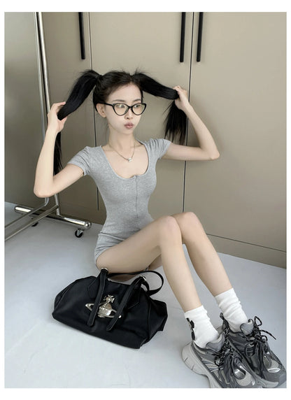 Womens Playsuits Yoga Low Neck Slim Fit Short Sleeve Jumpsuits Stretch One Piece Romper Sexy Fitness Female Sportwears Zipper