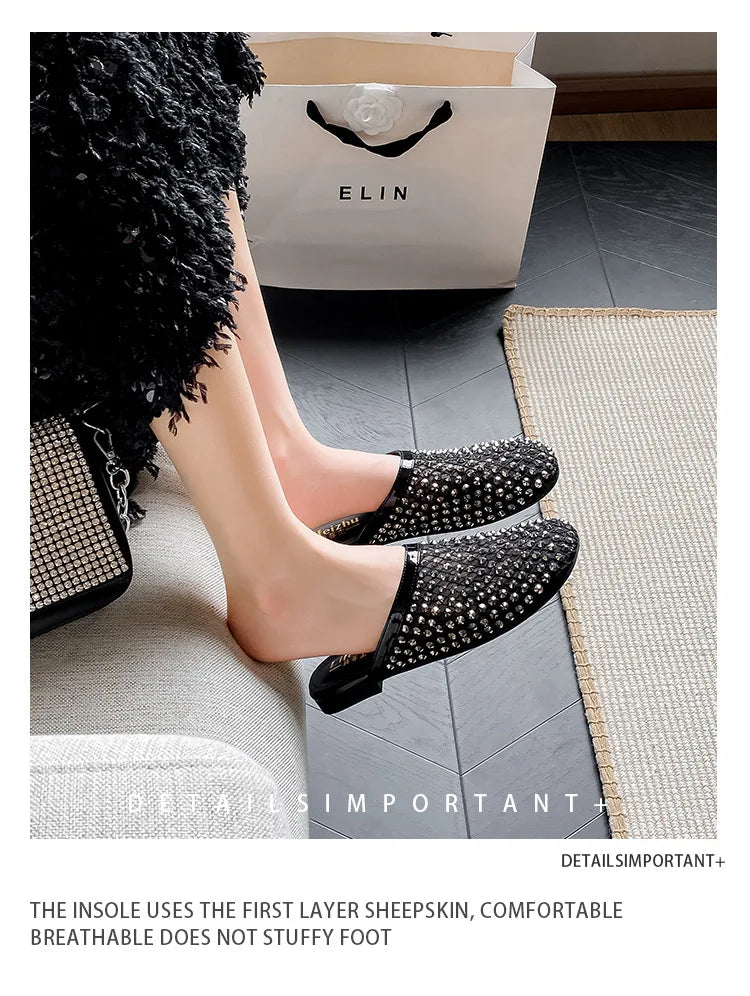 Summer Shoes for Women Slippers Luxury Rhinestone Rivets Casual Sandals Mesh Slip-on Loafers