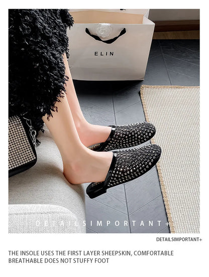 Summer Shoes for Women Slippers Luxury Rhinestone Rivets Casual Sandals Mesh Slip-on Loafers