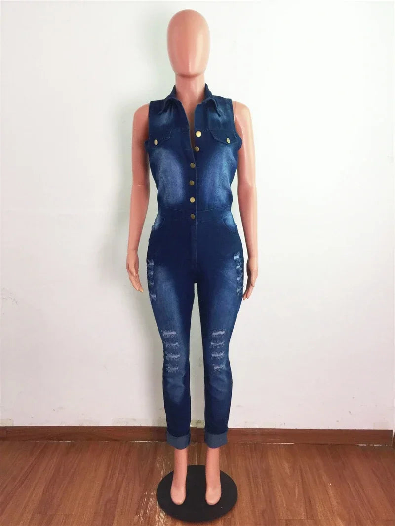Streetwear Ripped Jeans Jumpsuit Women Summer Clothes Women 2024 Sleeveless Catsuits Denim Rompers Playsuits One Pieces Overalls