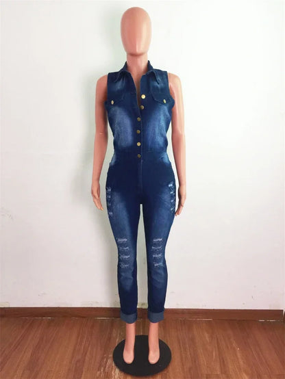 Streetwear Ripped Jeans Jumpsuit Women Summer Clothes Women 2024 Sleeveless Catsuits Denim Rompers Playsuits One Pieces Overalls